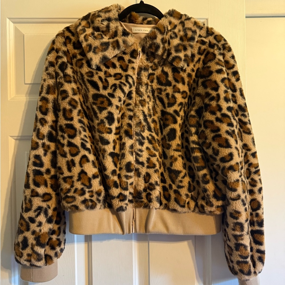 Altar'd State Faux Fur Leopard Print Bomber Jacket - Tan, Brown, Black